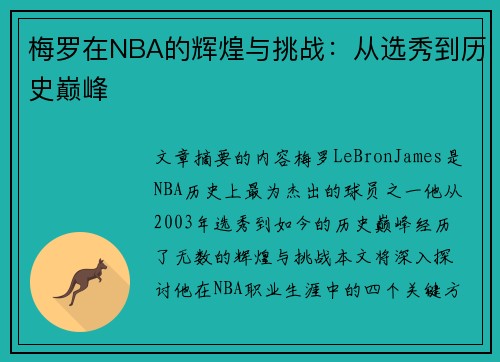 梅罗在NBA的辉煌与挑战：从选秀到历史巅峰